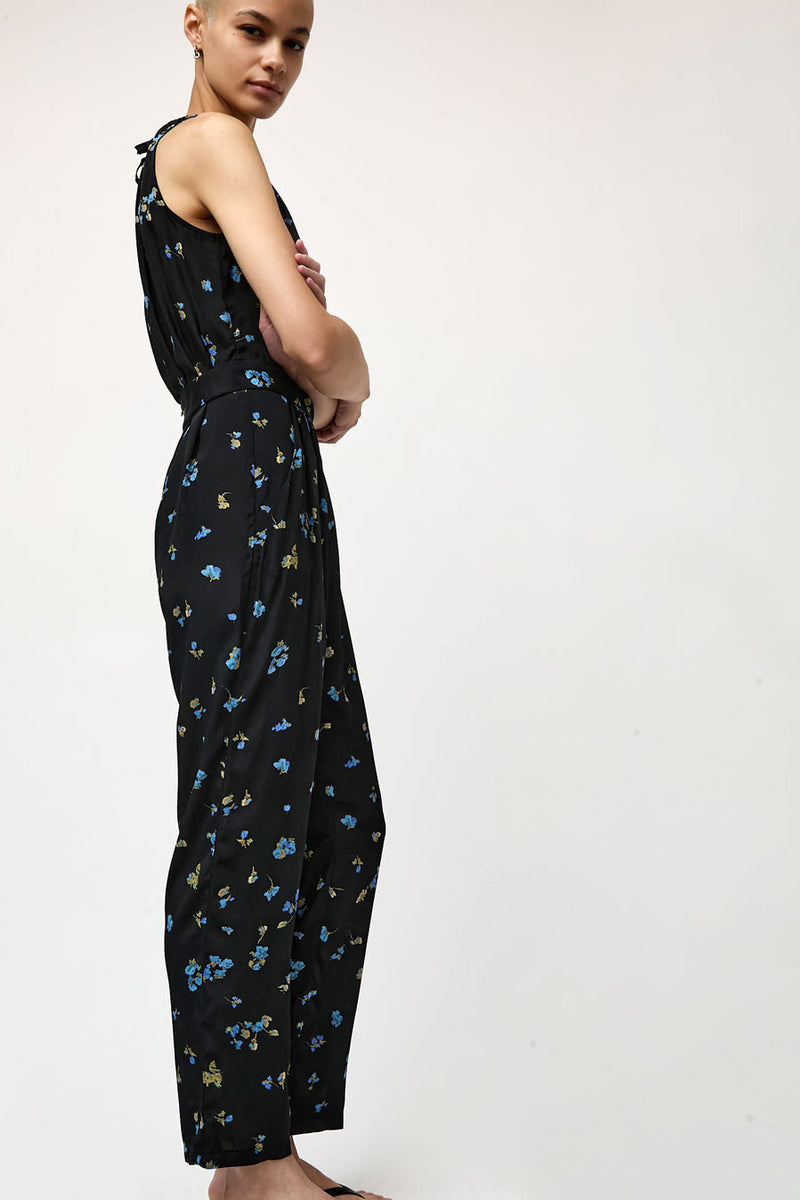 No.6 Keyhole Jumpsuit in Black with Blue Flowers