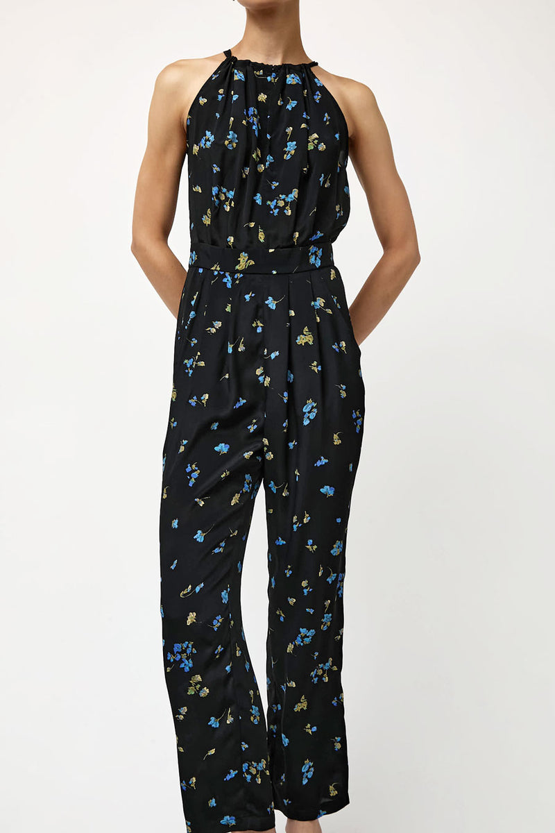 No.6 Keyhole Jumpsuit in Black with Blue Flowers