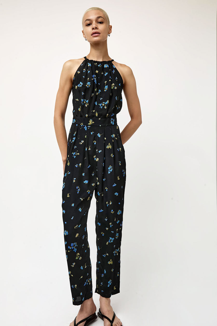 No.6 Keyhole Jumpsuit in Black with Blue Flowers