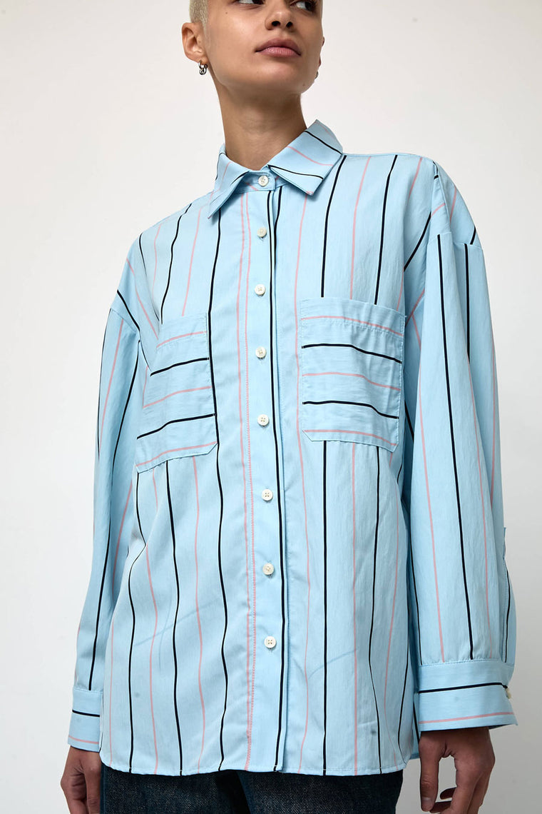 No.6 Lake Shirt in Blue with Navy Pink Stripe
