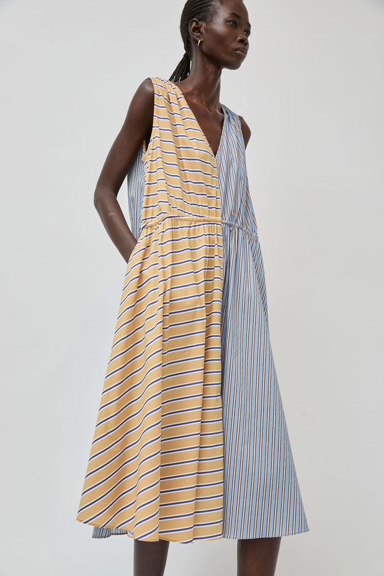 No.6 Leigh Dress in Blue and Camel Oxford Stripe