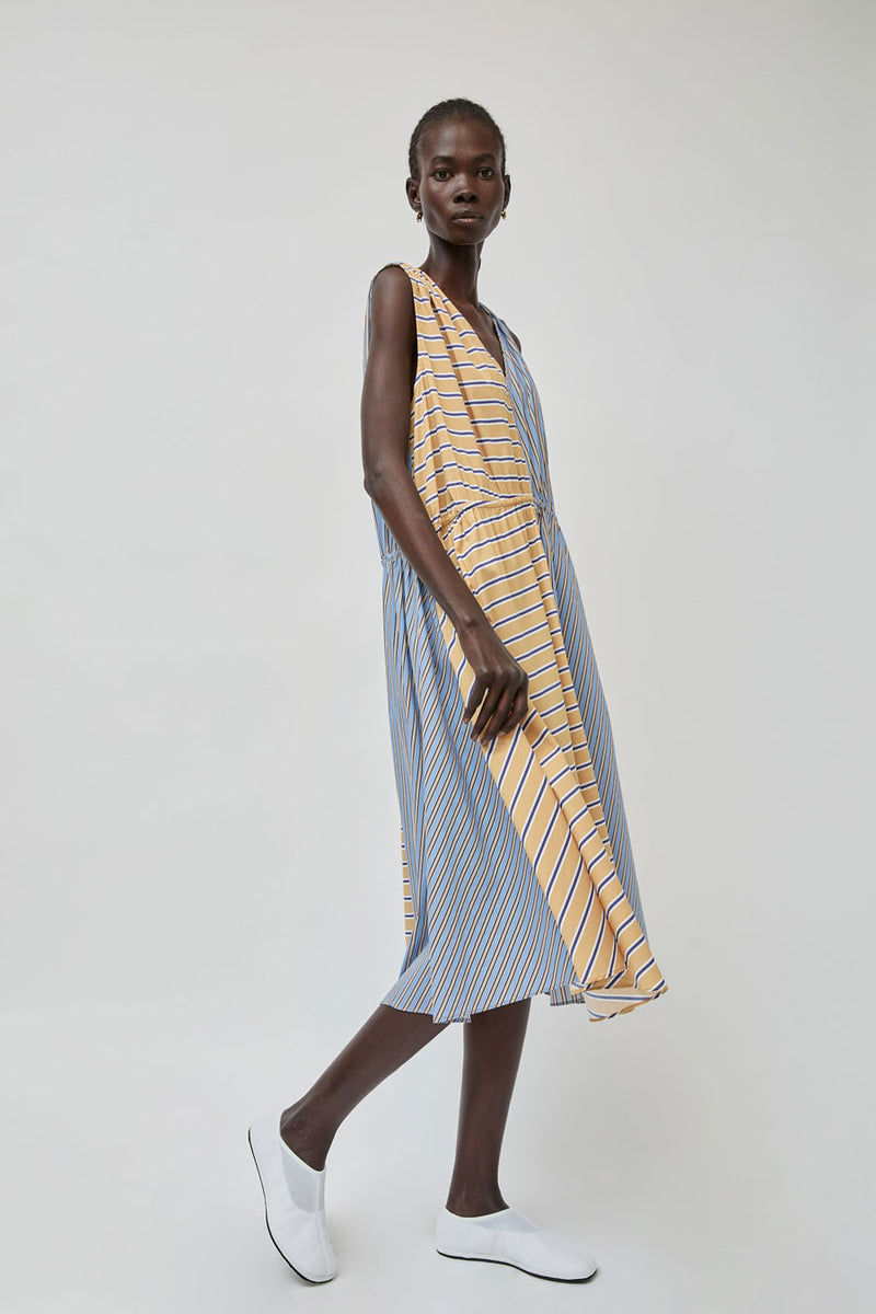 No.6 Leigh Dress in Blue and Camel Oxford Stripe