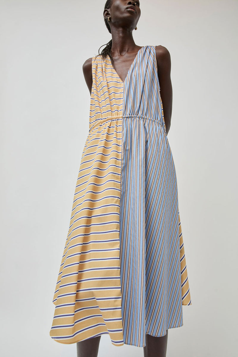 No.6 Leigh Dress in Blue and Camel Oxford Stripe