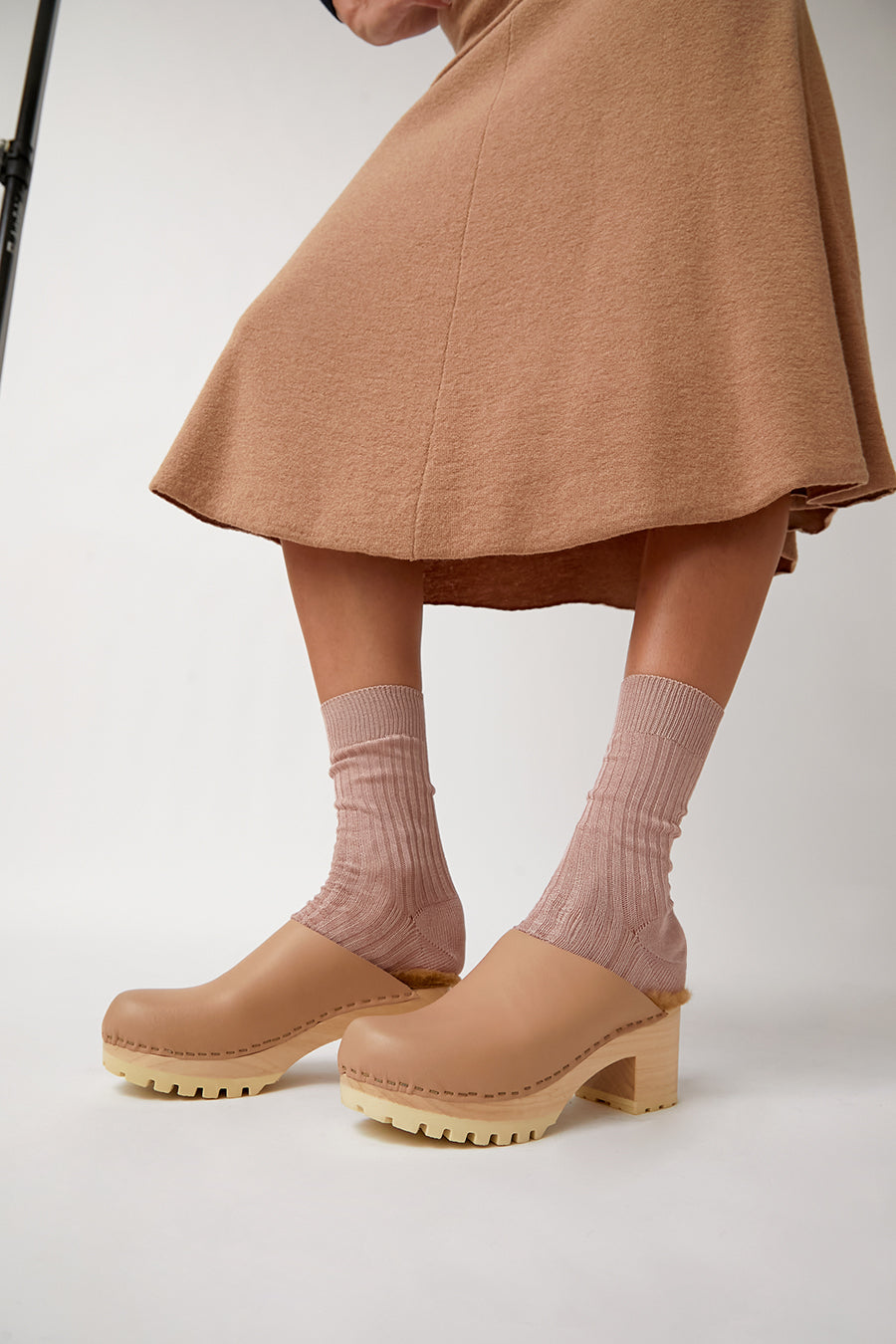 No.6 Liza Clog on Mid Tread in Camel with Copper Shearling