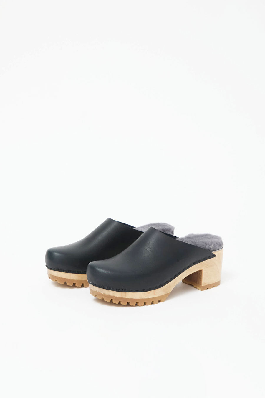 No.6 Liza Clog on Mid Tread in Indigo with Haze Shearling