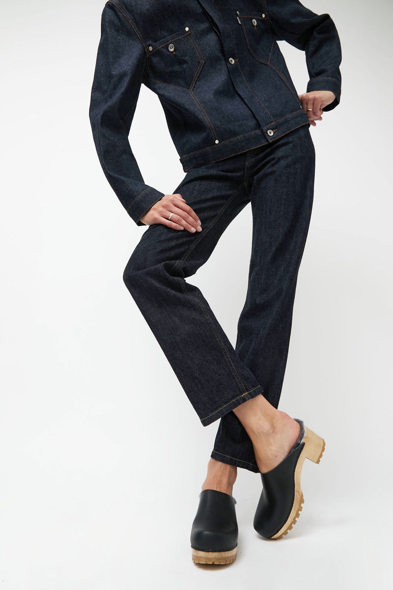 No.6 Liza Clog on Mid Tread in Indigo with Haze Shearling
