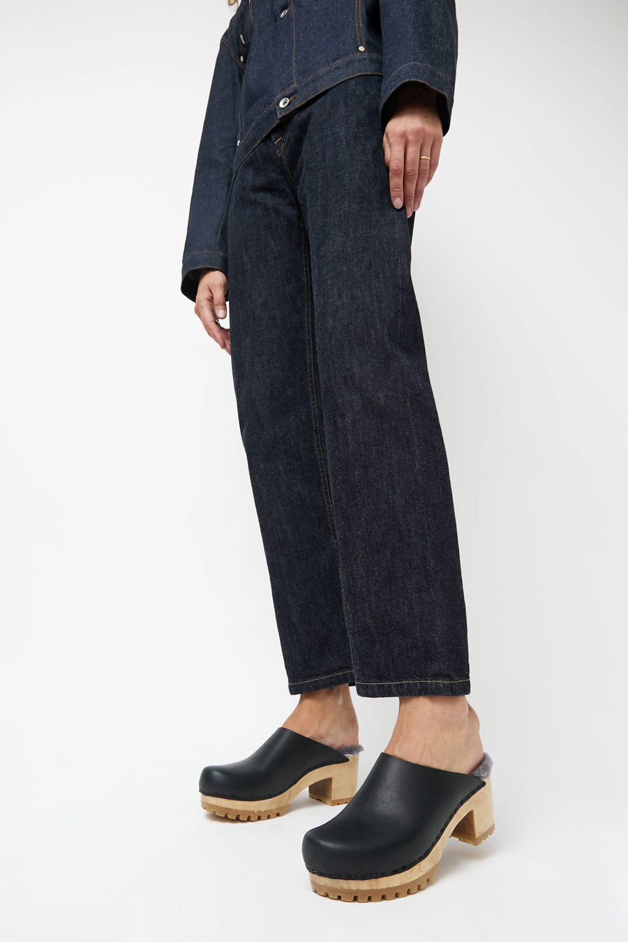 No.6 Liza Clog on Mid Tread in Indigo with Haze Shearling