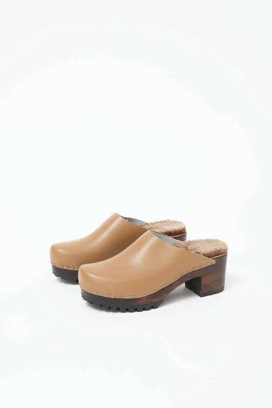 No.6 Liza Clog on Mid Tread in Khaki with Brown Brisa Shearling on Cocoa Base