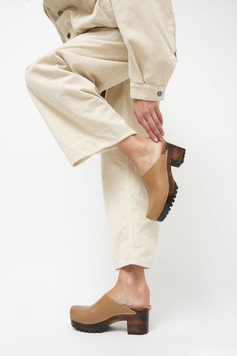 No.6 Liza Clog on Mid Tread in Khaki with Brown Brisa Shearling on Cocoa Base