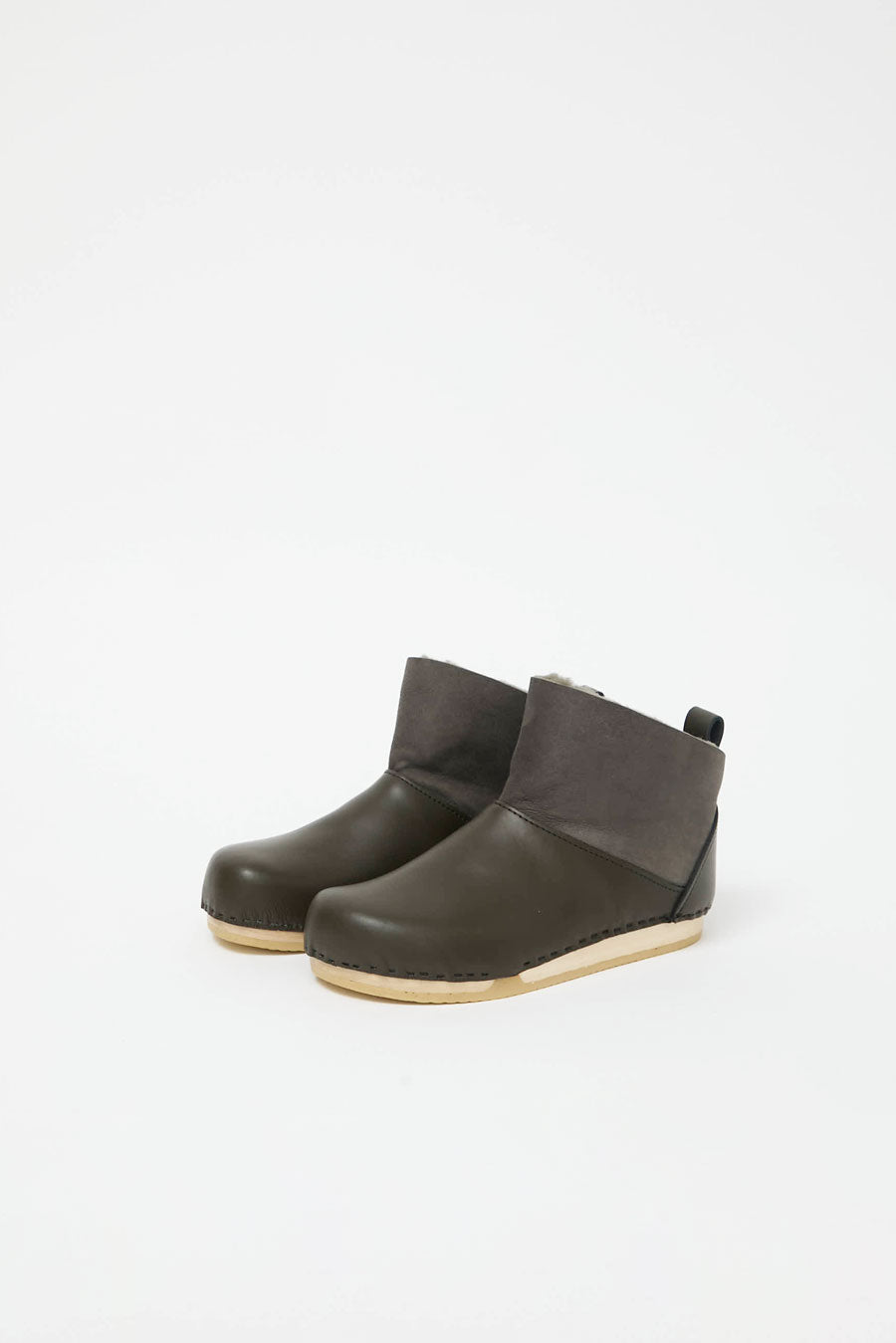 No.6 Low Shearling Clog Boot on Flat Bendable Base in Storm and Olive
