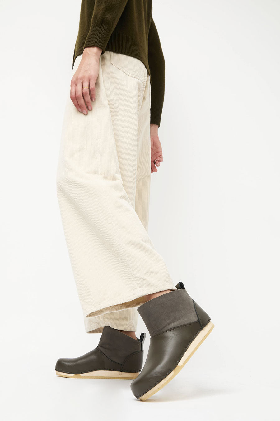 No.6 Low Shearling Clog Boot on Flat Bendable Base in Storm and Olive