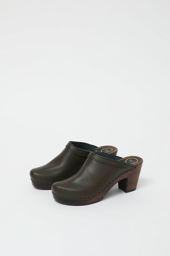 No.6 Old School Clog on High Heel in Olive on Cocoa Base