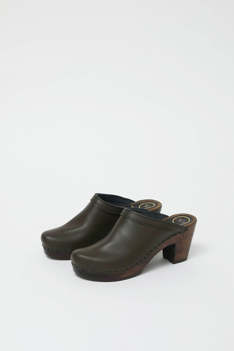 No.6 Old School Clog on High Heel in Olive on Cocoa Base