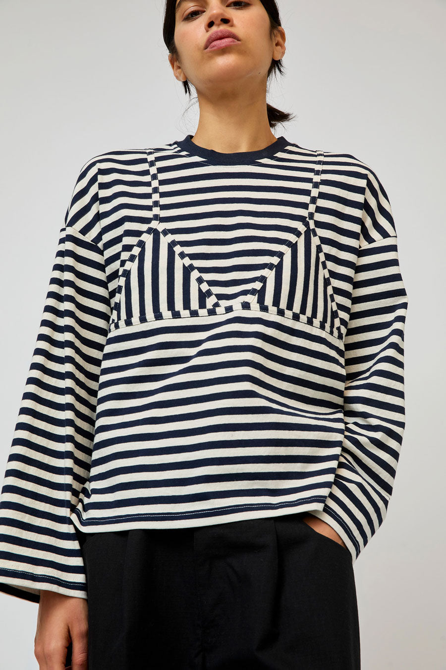 No.6 Olive Top in Navy and White Stripe