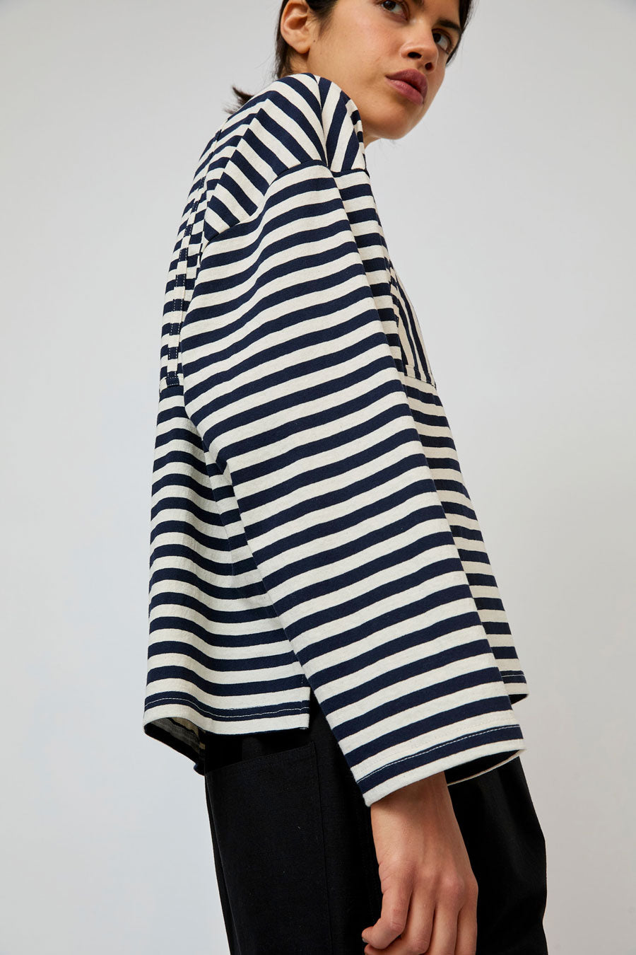 No.6 Olive Top in Navy and White Stripe