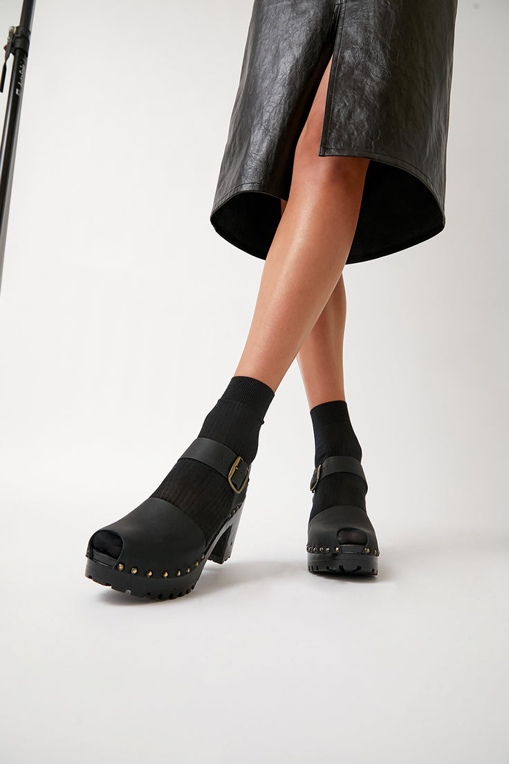 Image of No.6 Peep Toe Jane Clog on High Tread with Studs in Black on Black Base