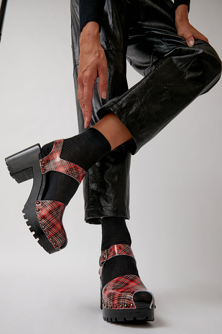 Image of No.6 Peep Toe Jane Clog on High Tread with Studs in Red Plaid on Black Base