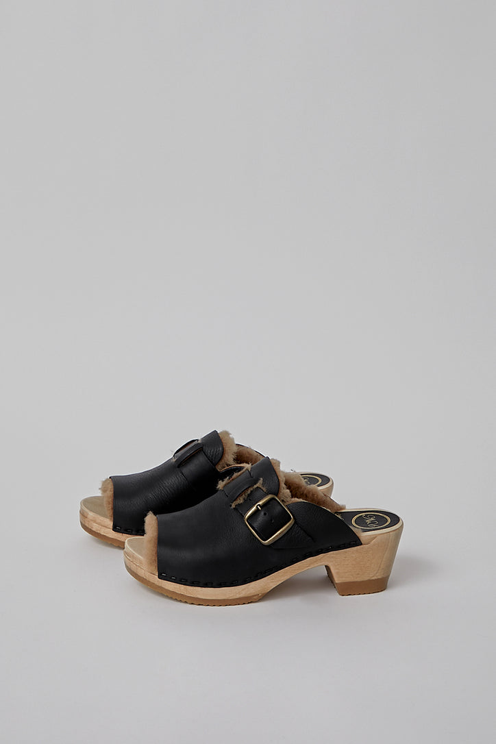 Image of No.6 Riley Shearling Clog on Mid Heel in Onyx