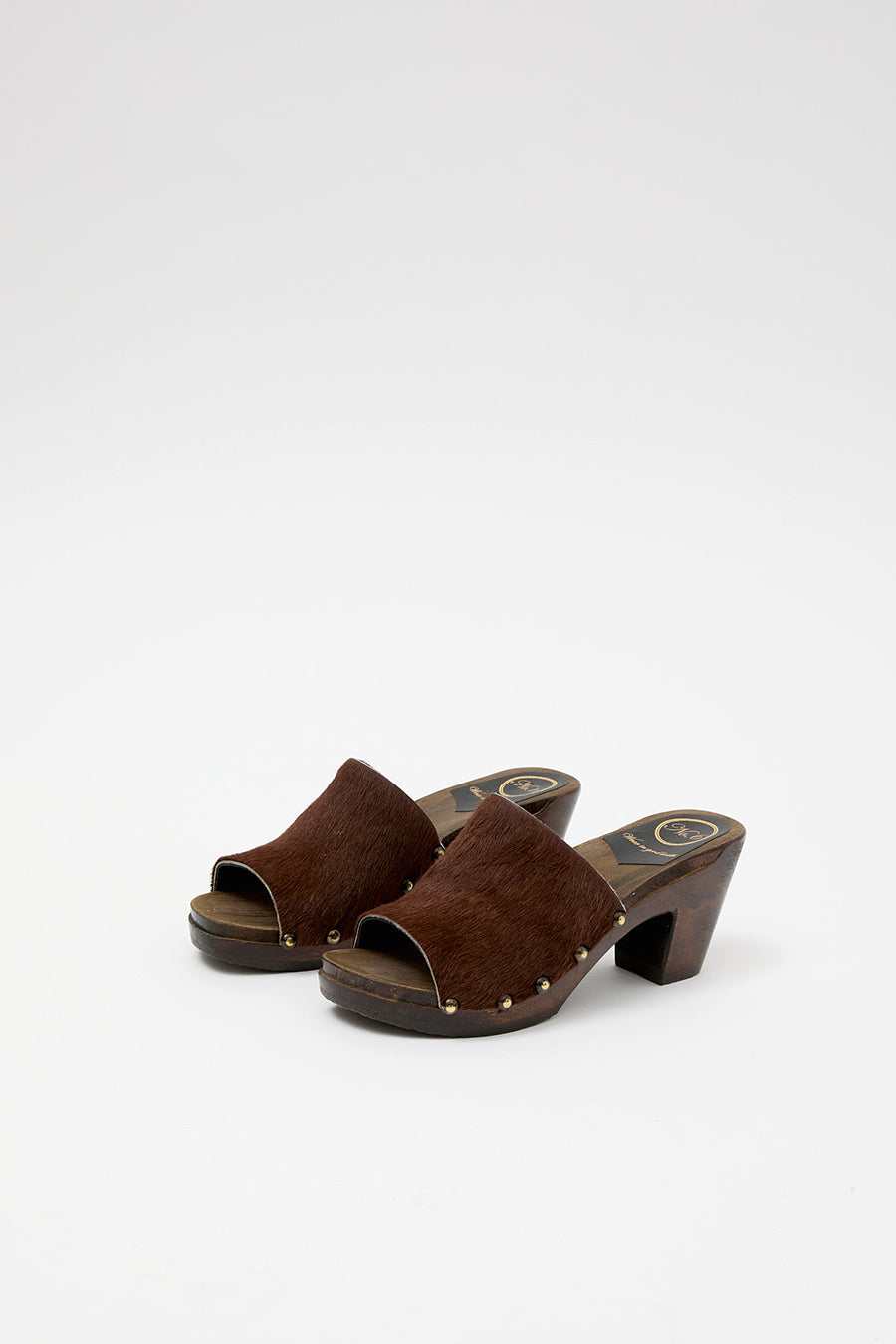 No.6 Leah Studded Clog on High Heel in Carob Pony on Cocoa Base