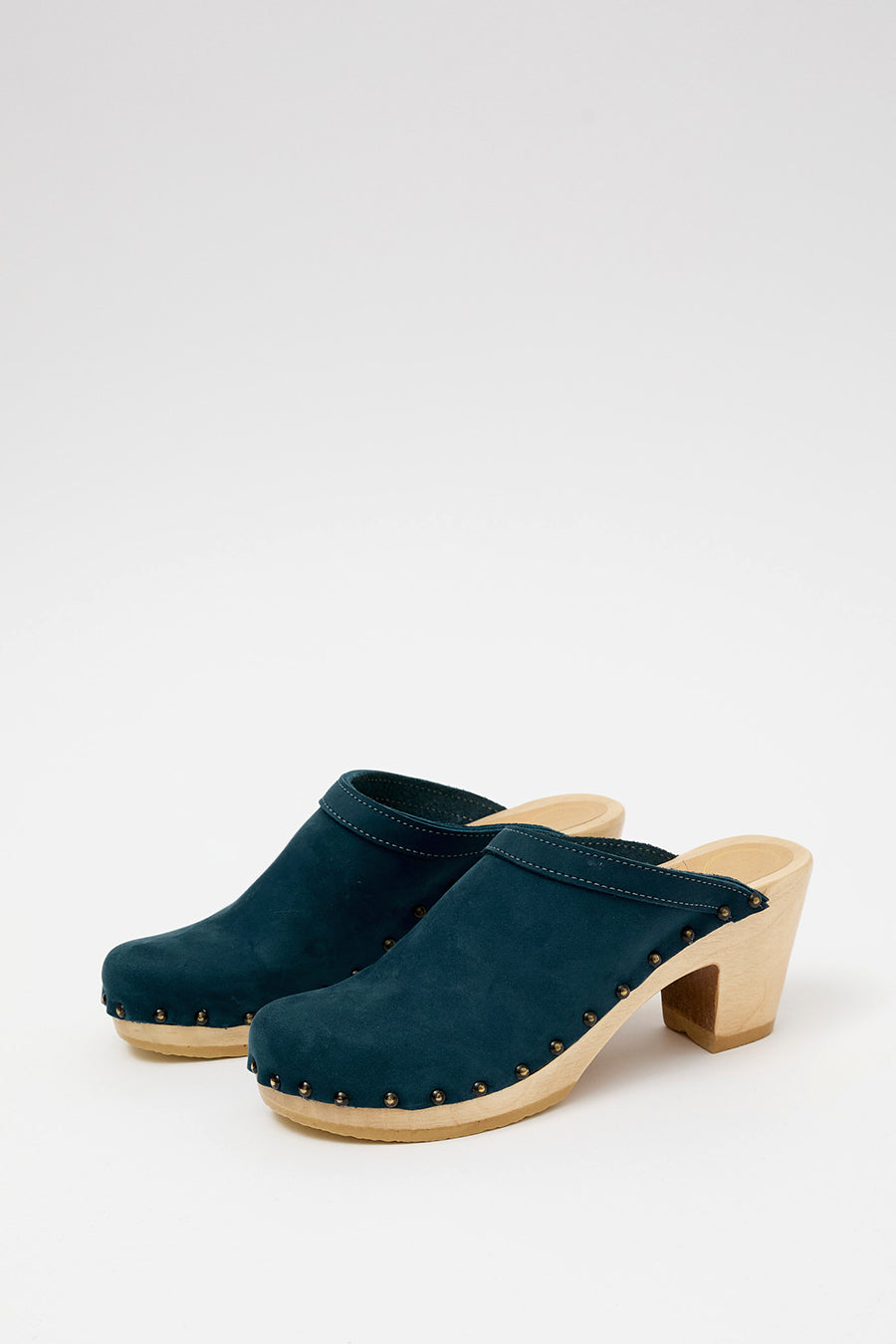 No.6 Old School Studded Clog on High Heel in Denim