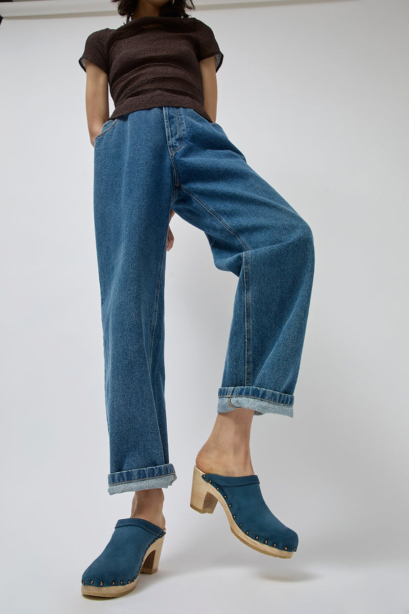 No.6 Old School Studded Clog on High Heel in Denim