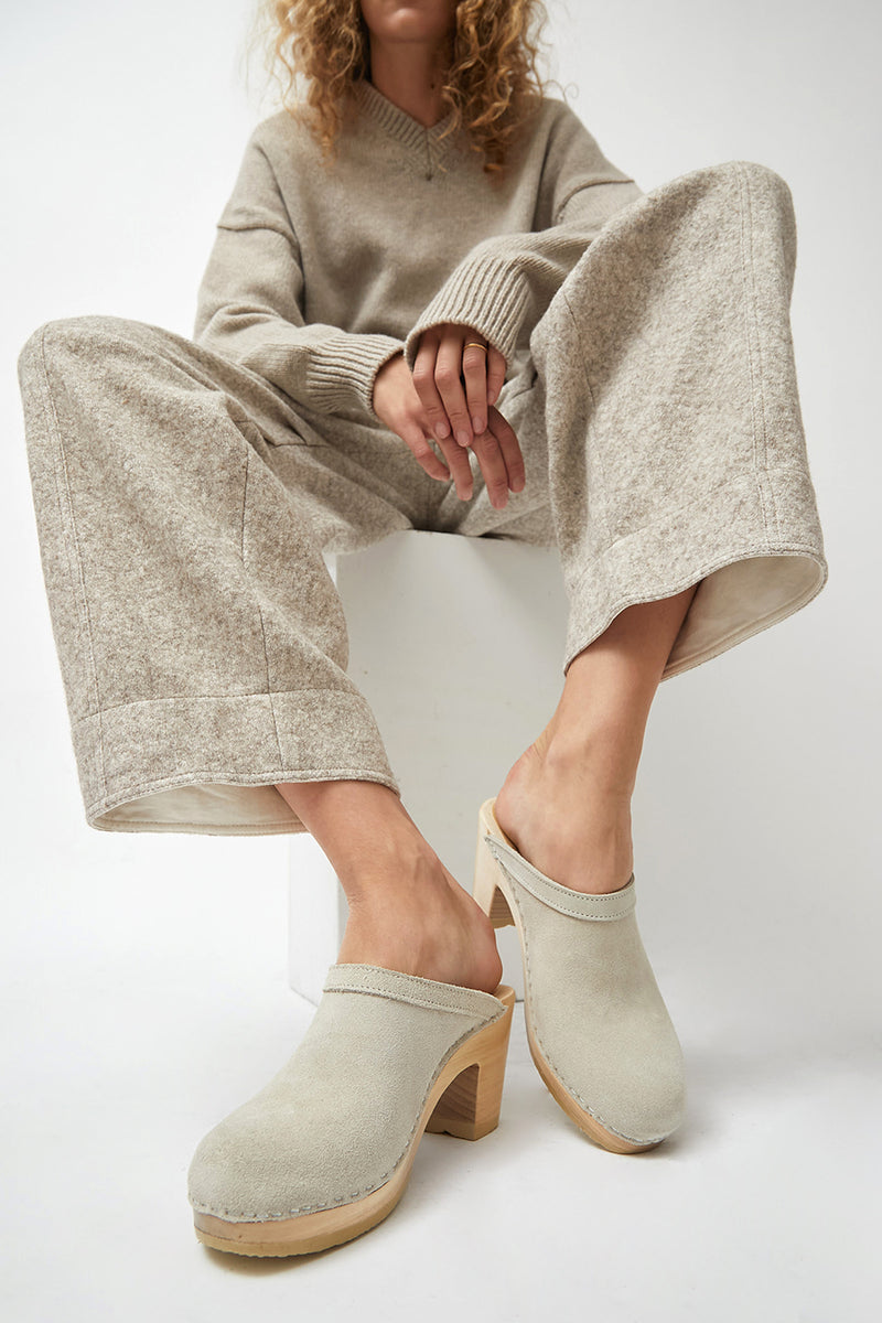 No.6 Old School Clog on High Heel in Chalk Suede