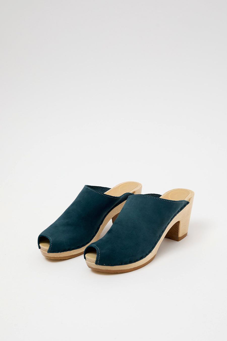 No.6 Peep Toe Mule Clog on High Heel in Denim