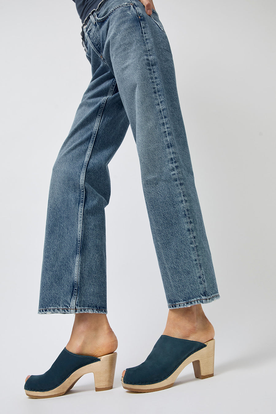 No.6 Peep Toe Mule Clog on High Heel in Denim