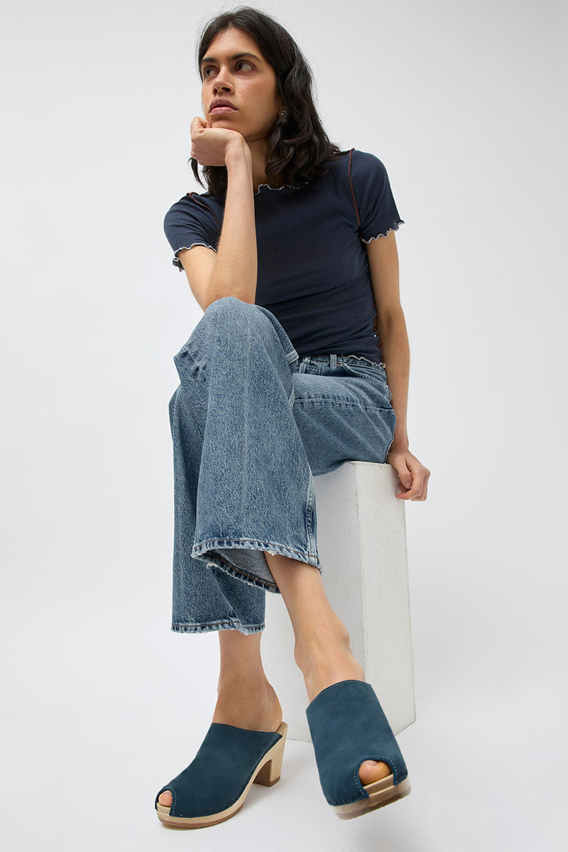 No.6 Peep Toe Mule Clog on High Heel in Denim