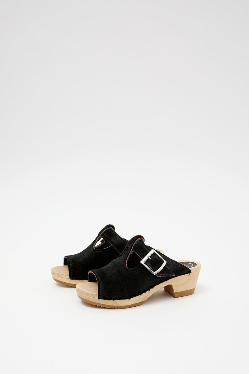 No.6 T Strap Clog on Mid Heel in Black Pony