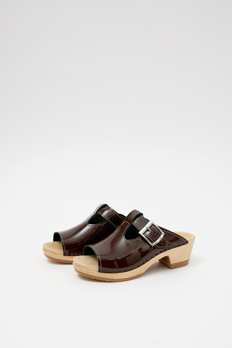 No.6 T Strap Clog on Mid Heel in Chocolate Patent