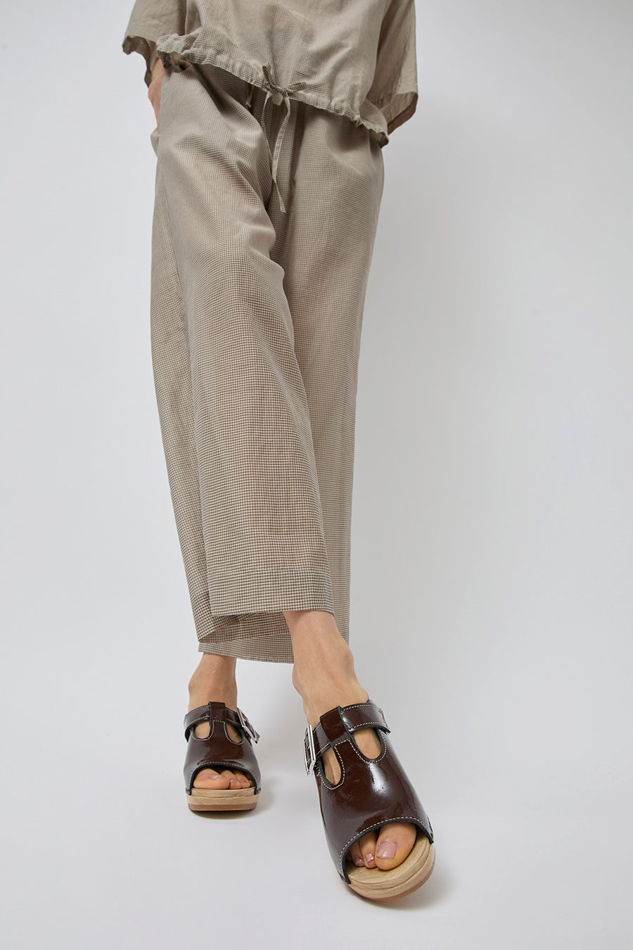 No.6 T Strap Clog on Mid Heel in Chocolate Patent