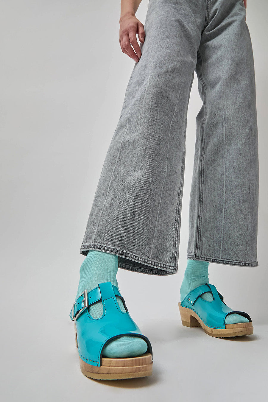 No.6 T Strap Clog on Mid Heel in Turquoise Patent