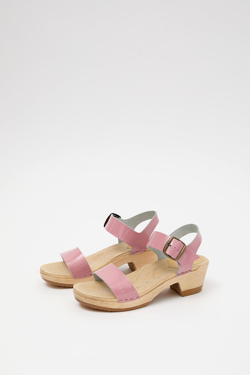 No.6 Two Strap Clog on Mid Heel in Mauve Patent