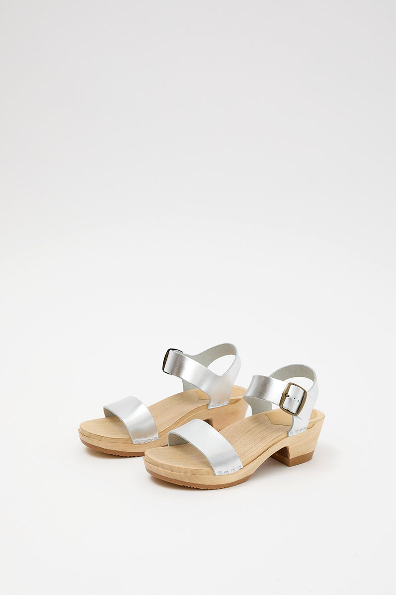 No.6 Two Strap Clog on Mid Heel in Silver