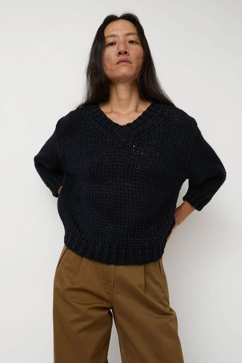 Nothing Written Wide V-Neck Sweater in Navy