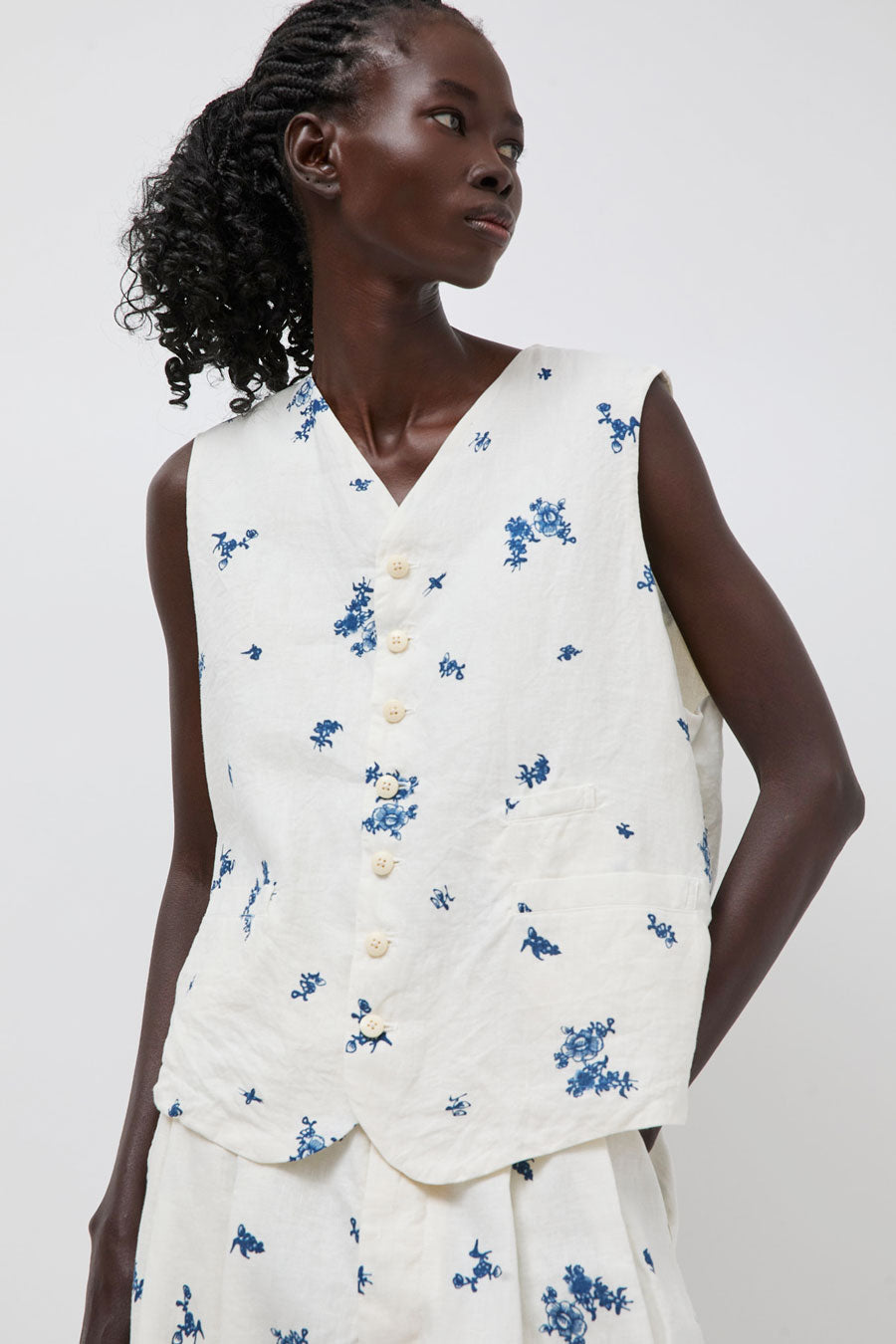 Quitan Long Gilet in Indigo Print