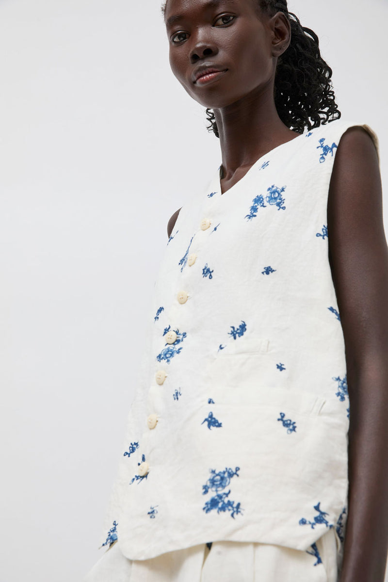 Quitan Long Gilet in Indigo Print