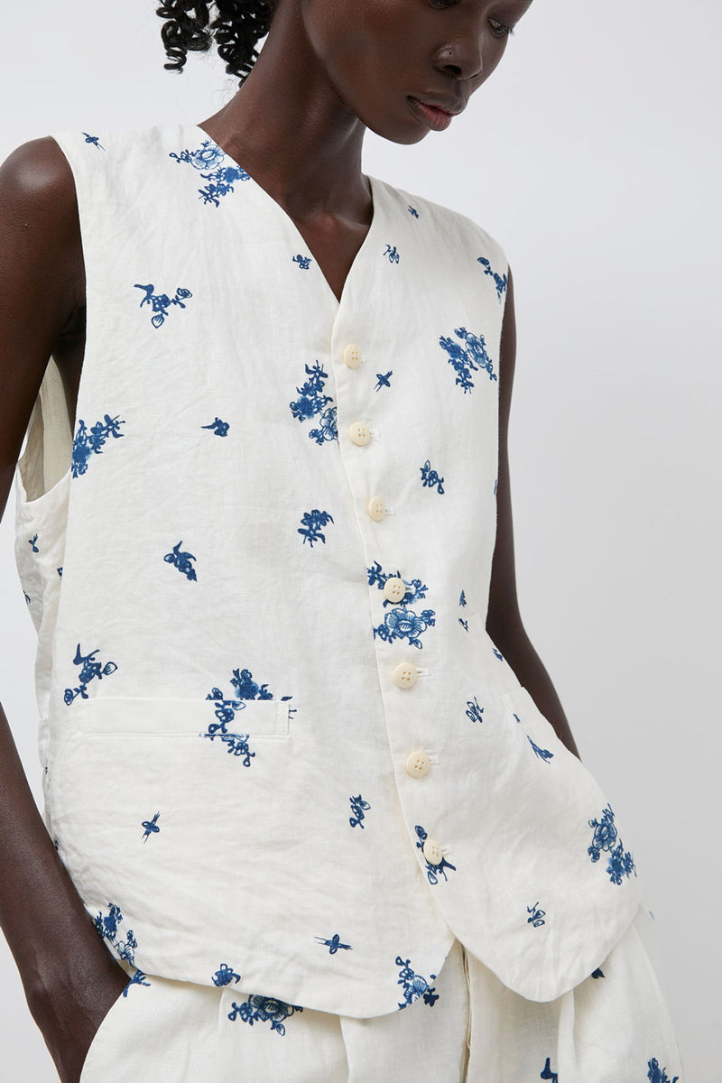 Quitan Long Gilet in Indigo Print