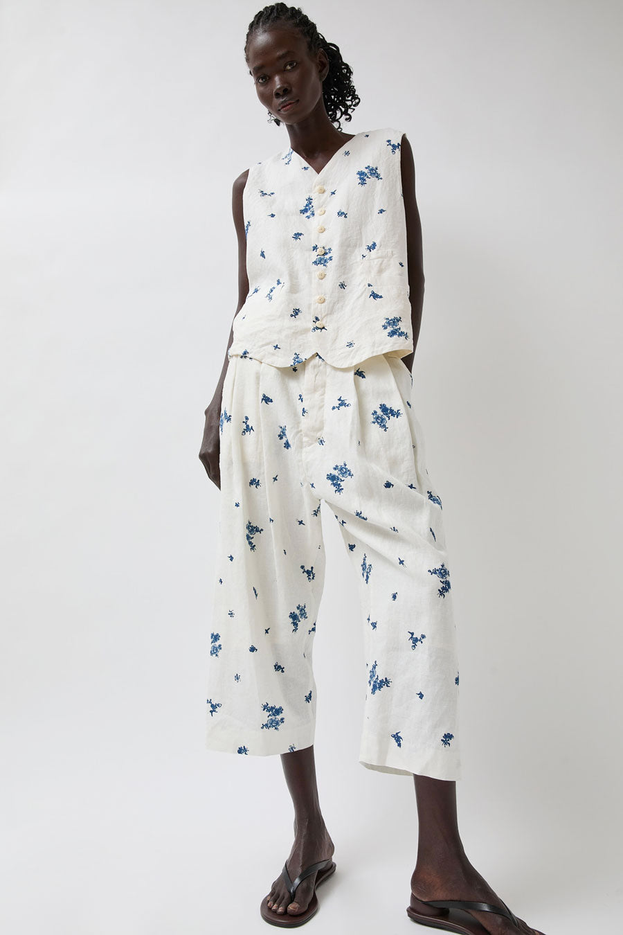 Quitan Wide Cricket Trousers in Indigo Print
