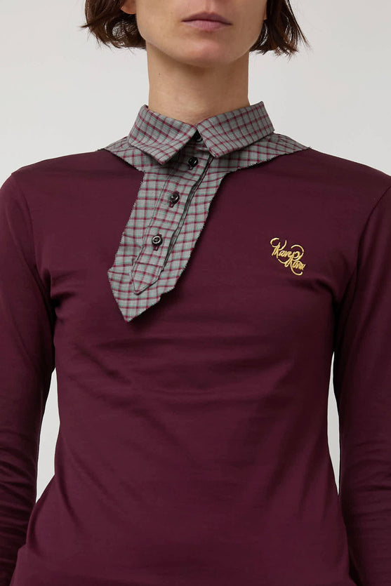 Rave Review Viv Asymmetrical Polo in Burgundy and Grey Check