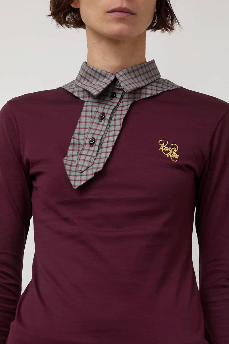 Rave Review Viv Asymmetrical Polo in Burgundy and Grey Check