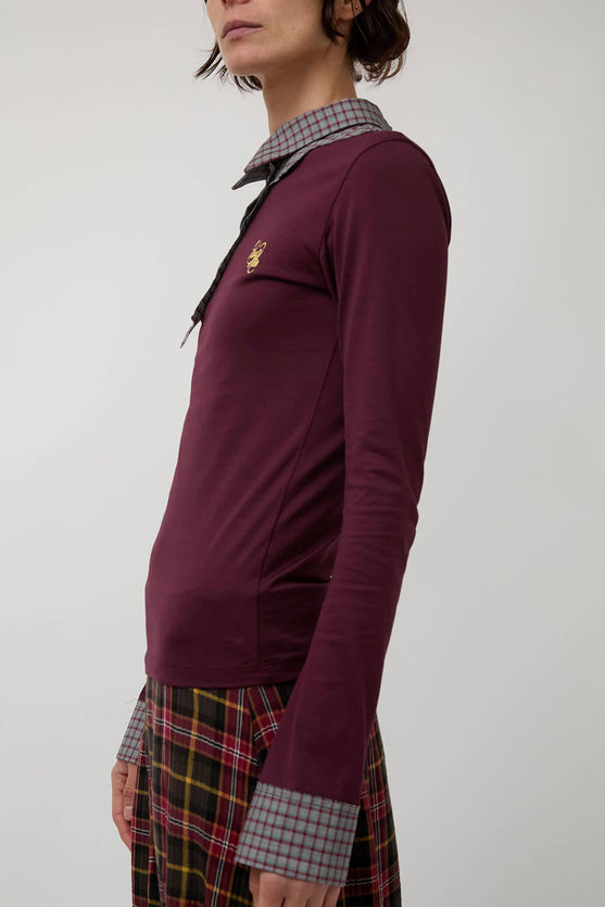 Rave Review Viv Asymmetrical Polo in Burgundy and Grey Check