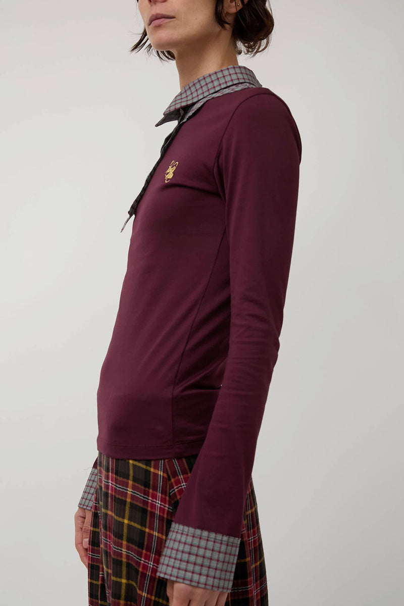 Rave Review Viv Asymmetrical Polo in Burgundy and Grey Check