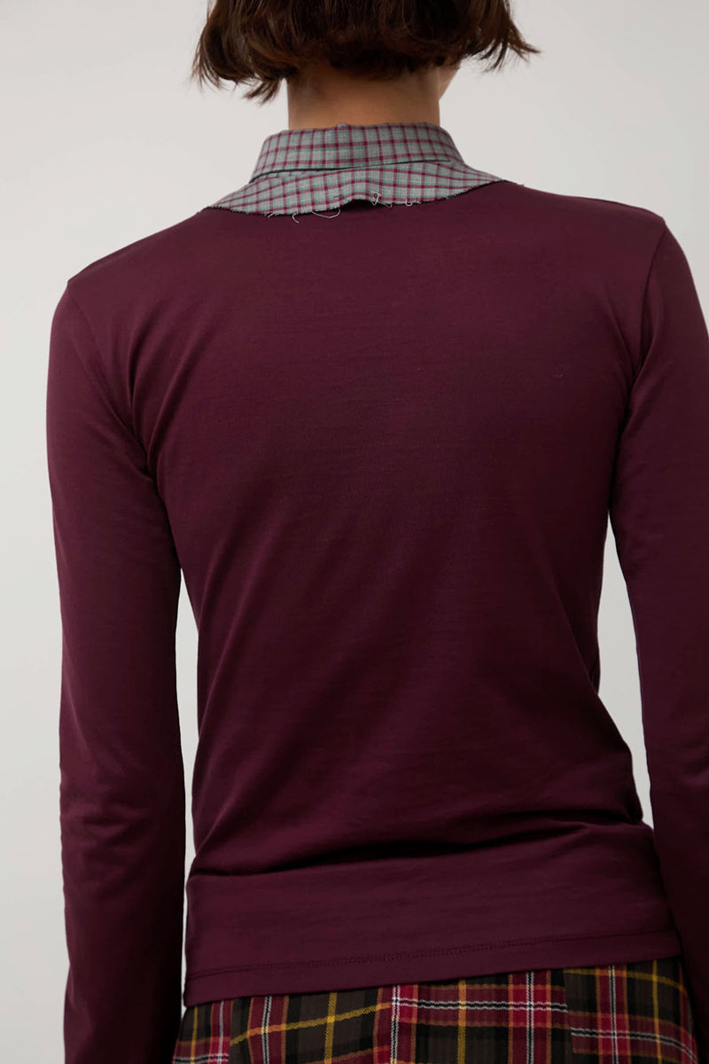 Rave Review Viv Asymmetrical Polo in Burgundy and Grey Check