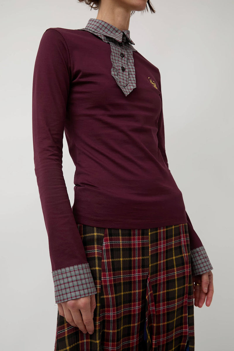 Rave Review Viv Asymmetrical Polo in Burgundy and Grey Check