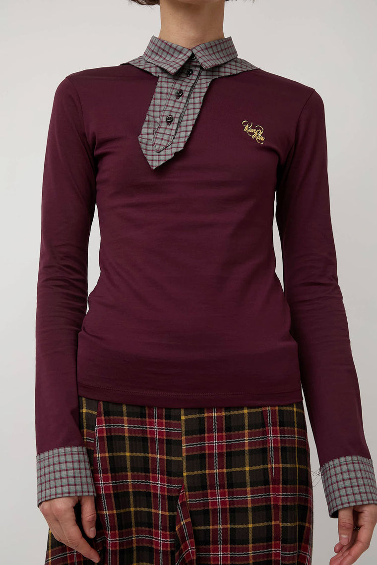Rave Review Viv Asymmetrical Polo in Burgundy and Grey Check