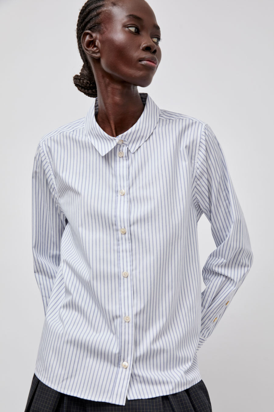 Rue De Tokyo Sylina Striped Shirting in Navy Triple Stripe