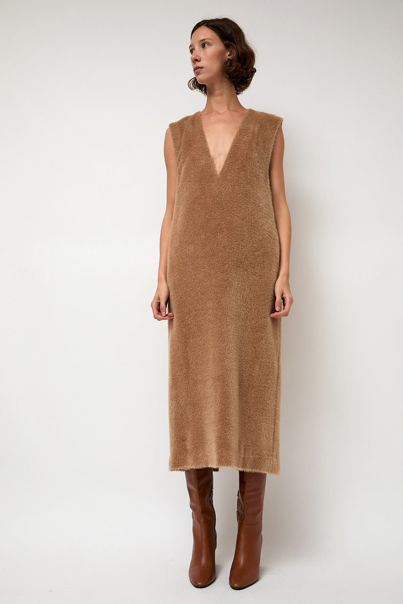 Sayaka Davis Eco Fur Deep V Dress in Camel