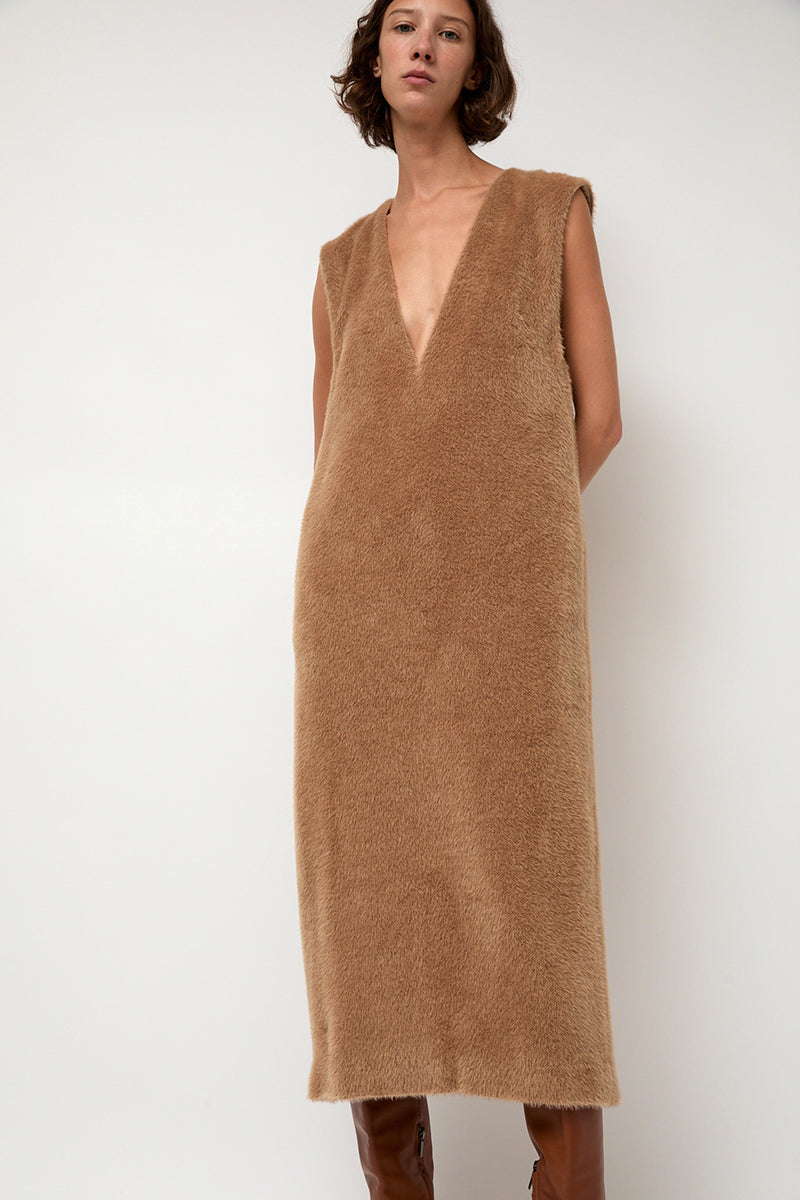 Sayaka Davis Eco Fur Deep V Dress in Camel